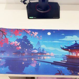 Blue & Red Landscape Long Mouse Pad Moonlit Scenery Anti-Slip Large Desk Mat